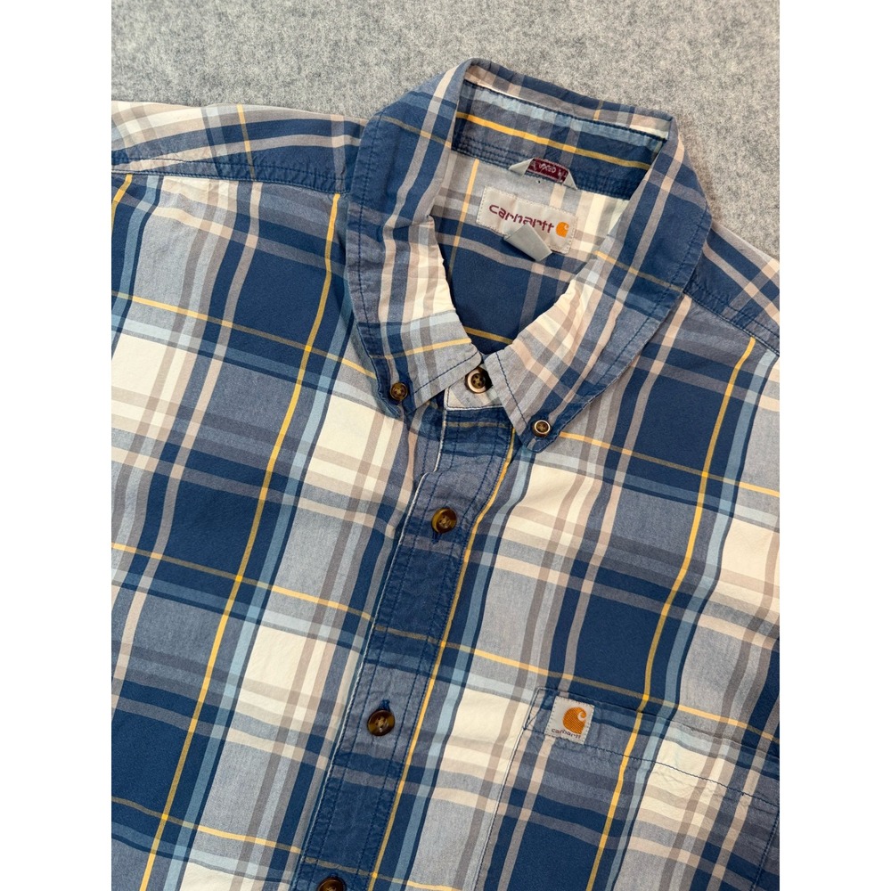 Carhartt Mens 2XL‎ Relaxed Fit Plaid Short Sleeve Button Down Shirt Blue Yellow